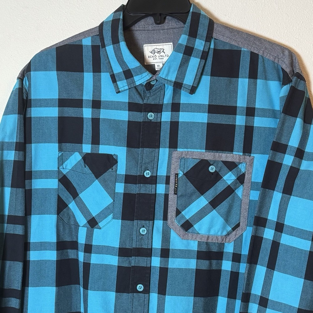Ecko Unltd Men's XL Long Sleeve Button Front Flannel Plaid Shirt Blue Black